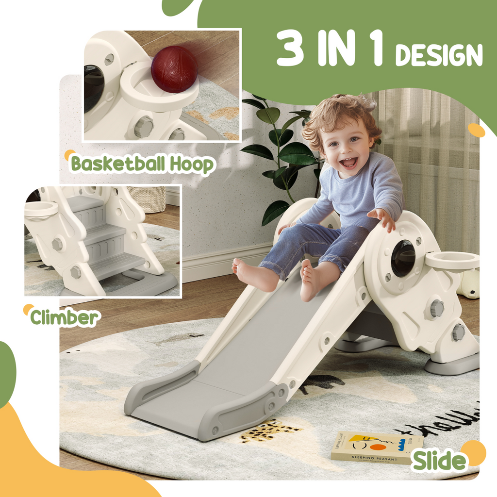 AIYAPLAY 3-in-1 Kids Slide – Climber & Basketball Hoop