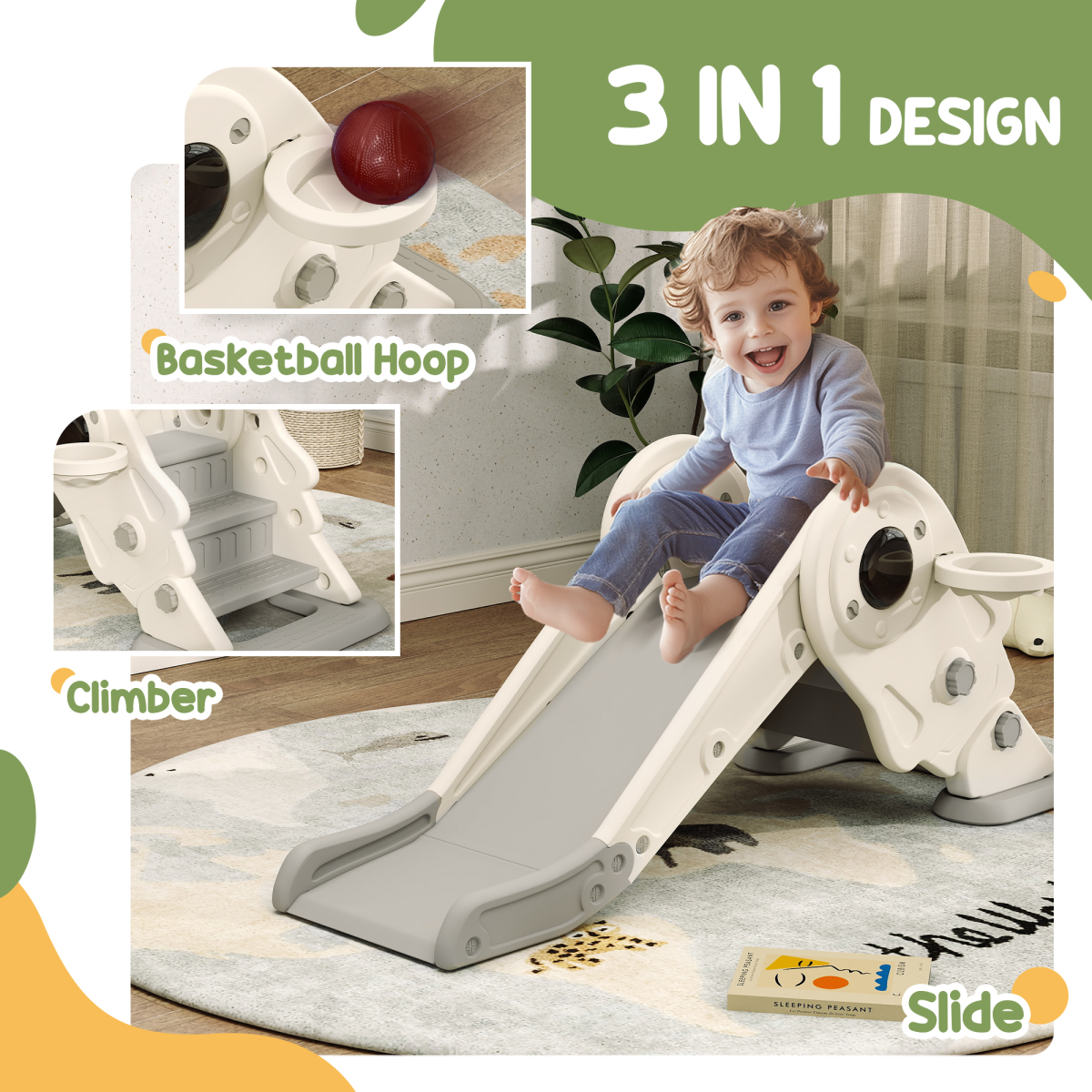 AIYAPLAY 3-in-1 Kids Slide – Climber & Basketball Hoop