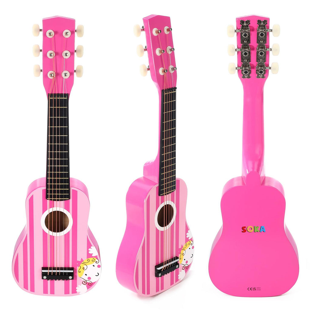 SOKA Wooden Pink Guitar – Musical Pretend Play Toy for Kids