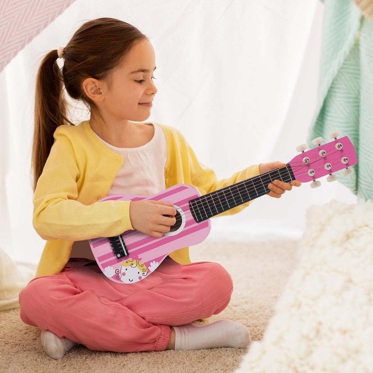 SOKA Wooden Pink Guitar – Musical Pretend Play Toy for Kids